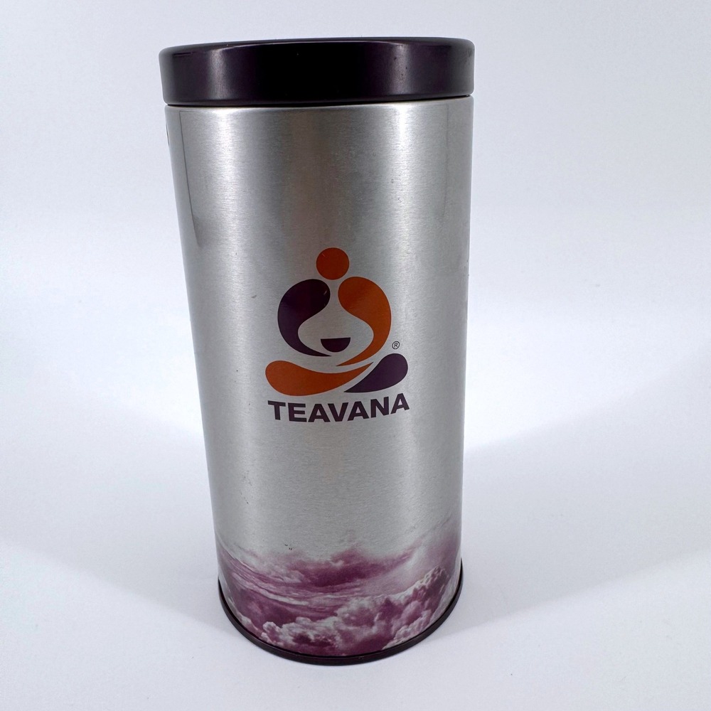 Teavana Tea Tin Storage Canister 1/2 lb Silver Purple Brewing Guide Empty